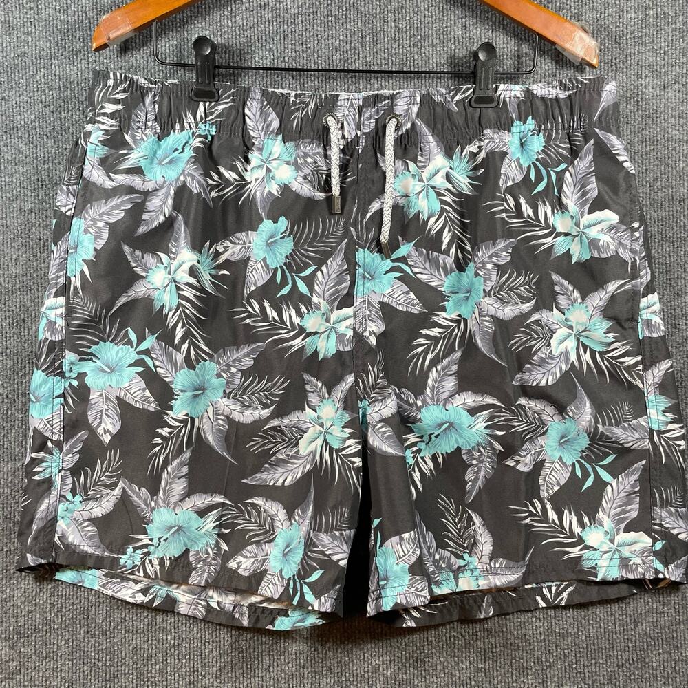 Islandhaze Swim Trunks Men's XXL Black/Blue Floral AOP Drawstring Lined Beach